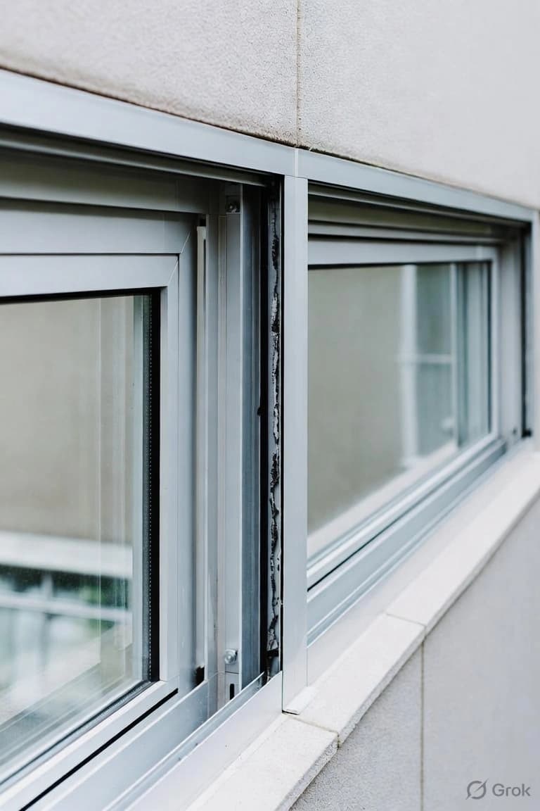 Damaged aluminium window frame with visible gaps and poor sealing