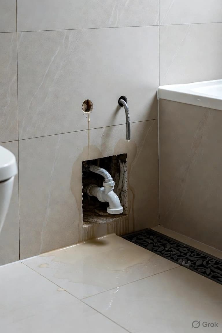 Visible plumbing leak and damaged bathroom water system